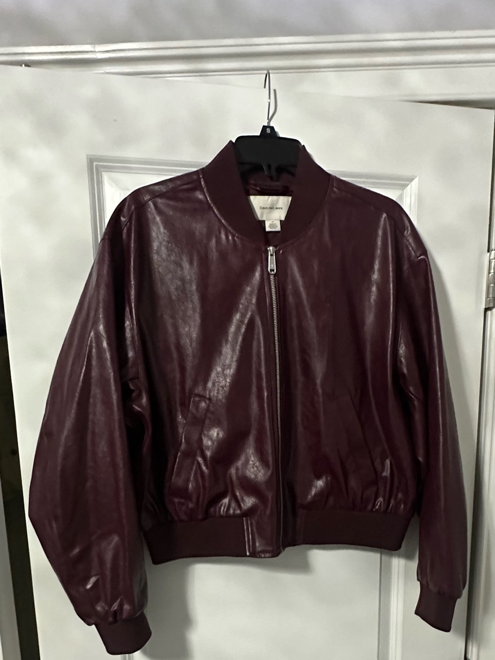 Calvin Klein Jeans Leather Bomber Jacket - Burgundy